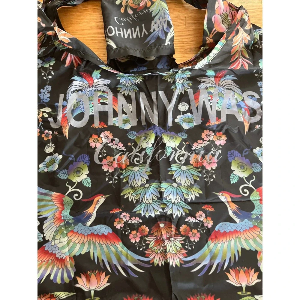 Johnny Was Packable Tote Bag Tropical Bird Floral Print Foldable Shopper Black